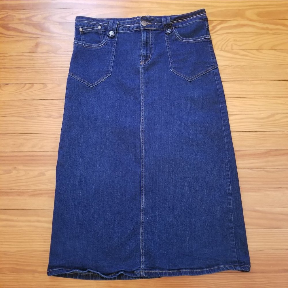 Out Jeans 18 Blue Jean Skirt‎ Back Slit Pockets Belt Loops Stretch Modest